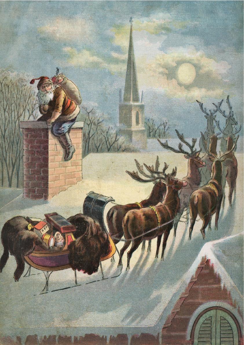 Image of Santa on the Rooftop decoupage paper. Snow covered rooftop of a brick house with a chimney. There is a sleigh with 8 reindeers pulling it. Santa is on top of the chimney with a sack of presents. You can see a church building and the moon off  in the distance.