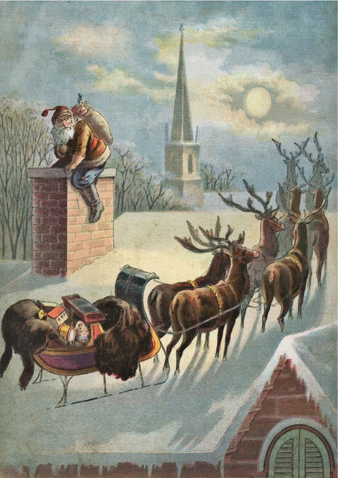 Image of Santa on the Rooftop decoupage paper. Snow covered rooftop of a brick house with a chimney. There is a sleigh with 8 reindeers pulling it. Santa is on top of the chimney with a sack of presents. You can see a church building and the moon off  in the distance.