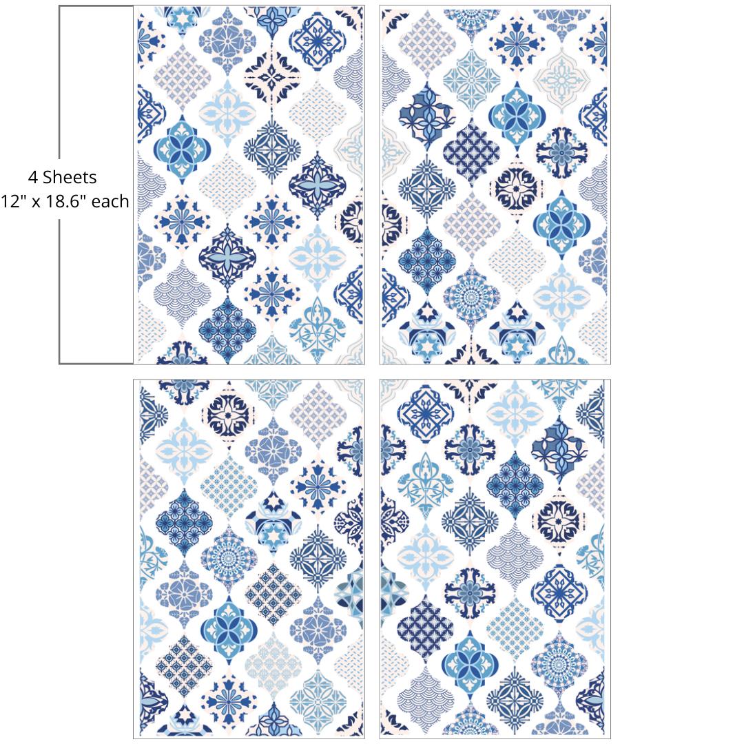 Image of the Sapphire Sonata Transfer. Four sheets of diamond shaped Mexican inspired tile pattern. "4 Sheets - 12 in. x 18.6 in. each"