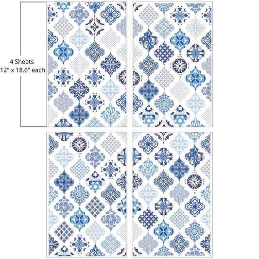 Image of the Sapphire Sonata Transfer. Four sheets of diamond shaped Mexican inspired tile pattern. "4 Sheets - 12 in. x 18.6 in. each"