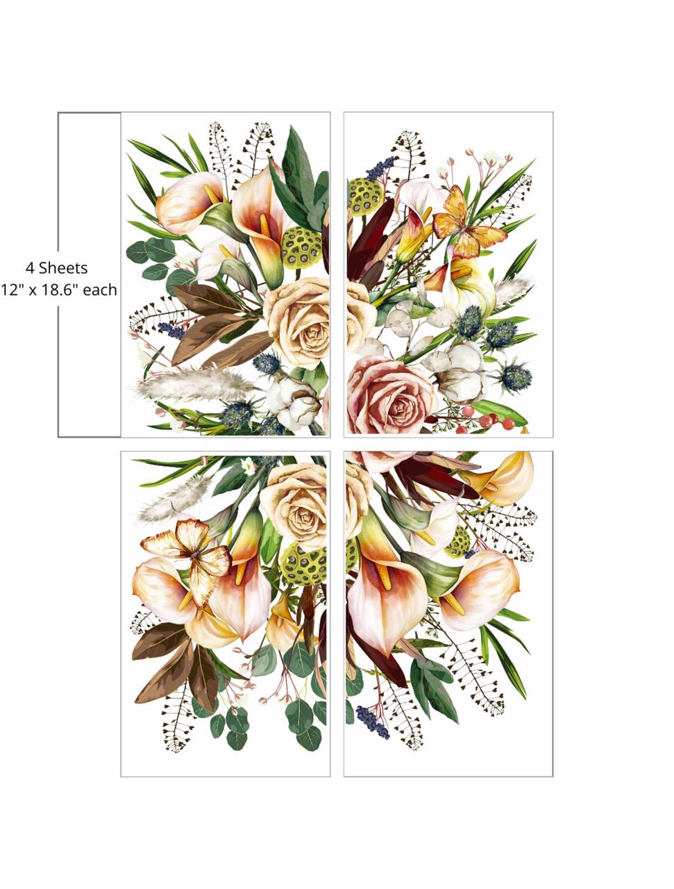 A vibrant floral composition featuring a blend of roses, lilies, and various foliage, accentuated with butterflies and subtle botanical textures. "4 Sheets- 12 in. x 18.6 in. each"