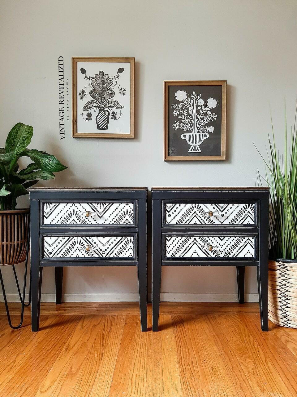 Anchor Silk All-In-One paint is perfect for painting kitchen cabinets, bathroom cabinets and painting furniture.  Beautiful Enda tables painted in Anchor Silk All-In-One Mineral Paint. The drawers are painted white with a mud cloth stencil design. Staged in room with planters on each side and staggered floral paintings.