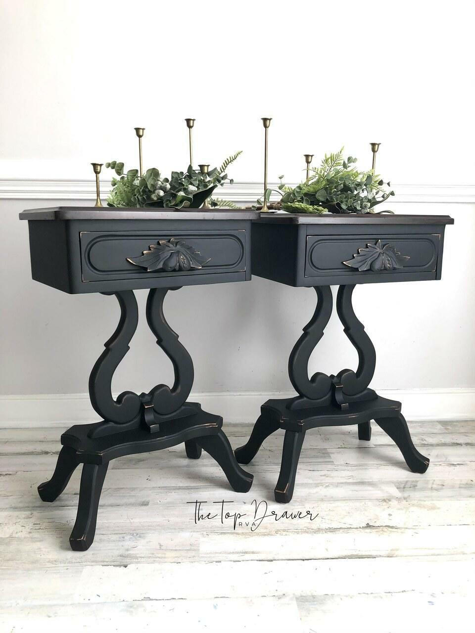Anchor Silk All-In-One paint is perfect for painting kitchen cabinets, bathroom cabinets and painting furniture. beautiful end table painted with Anchor Silk All-In-One Mineral Paint. Accented with silver and gold highlights and staged with candle holders