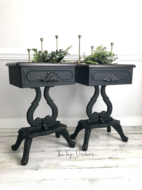 Anchor Silk All-In-One paint is perfect for painting kitchen cabinets, bathroom cabinets and painting furniture. beautiful end table painted with Anchor Silk All-In-One Mineral Paint. Accented with silver and gold highlights and staged with candle holders