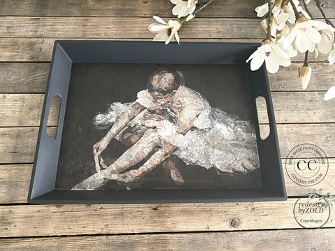 Black Sands Silk All-In-One paint is perfect for painting kitchen cabinets, bathroom cabinets and painting furniture. Serving tray with handles painted with Black Sand Silk All-in-one paint with Floral Ballerina - A1 Rice Decoupage Paper in the center.
