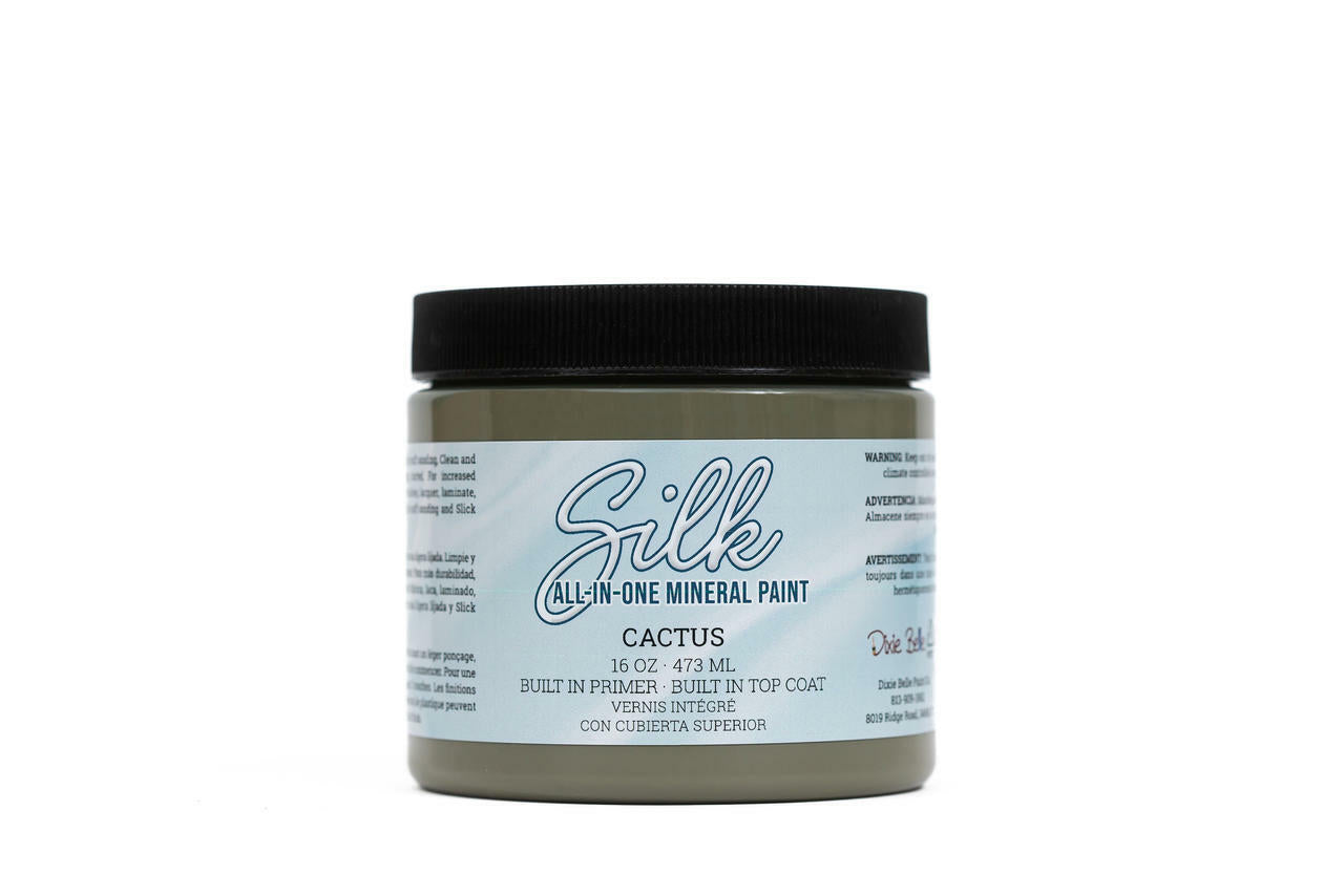 Cactus Silk All-In-One paint is perfect for painting kitchen cabinets, bathroom cabinets and painting furniture.
A full view of a 16 ounces container of Cactus Silk All-In-One paint on a white background.