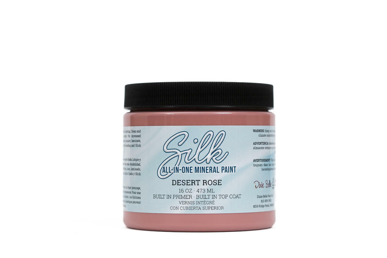 Desert Rose Silk All-In-One paint is perfect for painting kitchen cabinets, bathroom cabinets and painting furniture
This picture shows a container of Dixie Belle Paint Company's Desert Rose CMP.  It is in front of a transparent back.
