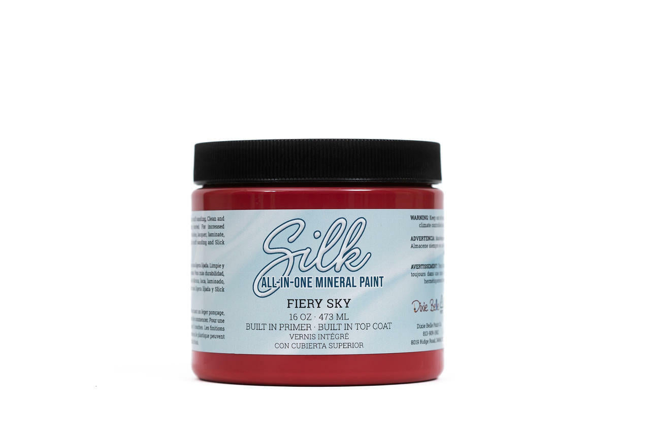 Fiery Sky Silk All-In-One paint is perfect for painting kitchen cabinets, bathroom cabinets and painting furniture.
16 ounce container of the Fiery Sky Silk All-In-One paint on a white background.