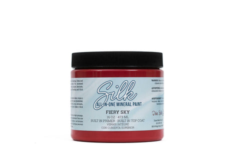 Fiery Sky Silk All-In-One paint is perfect for painting kitchen cabinets, bathroom cabinets and painting furniture.
16 ounce container of the Fiery Sky Silk All-In-One paint on a white background.