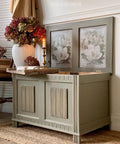 Hampton Olive Silk All-In-One paint is perfect for painting kitchen cabinets, bathroom cabinets and painting furniture.
Chest painted in Hampton Olive Silk All-In-One paint with the top lip open with the Magnolia Garden - Transfer on the inside panel. Staged with a tray that has a lit candle on a candle holder and a vase with flowers.