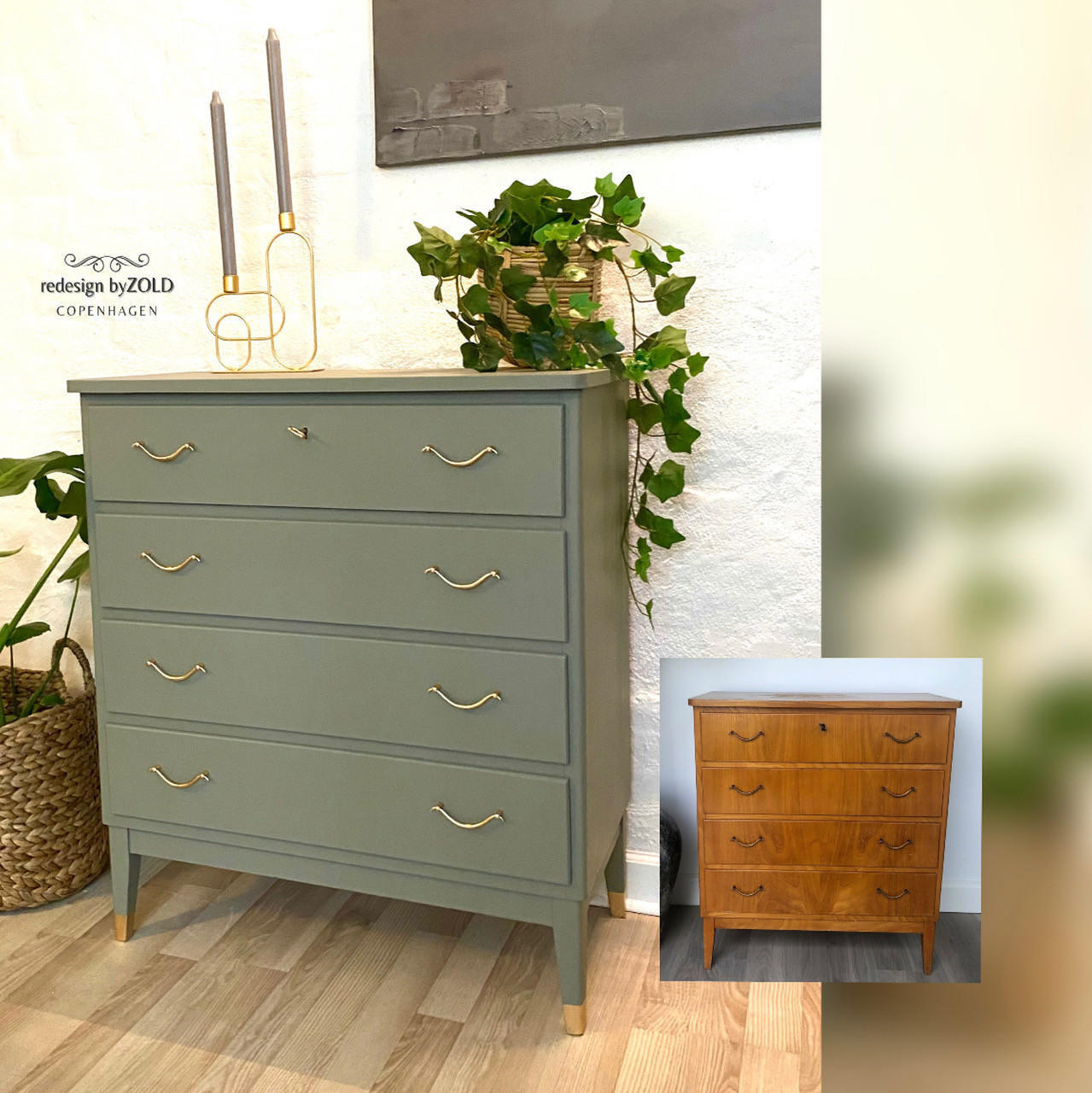 Hampton Olive Silk All-In-One paint is perfect for painting kitchen cabinets, bathroom cabinets and painting furniture.
Dresser painted in Hampton Olive Silk All-In-One paint with gold hardware, Staged with gold candle holders as well as woven basket pots with plants around the piece.