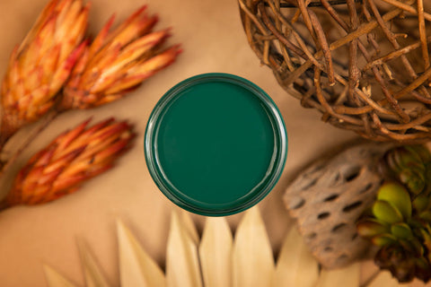 Midnight Green Silk All-In-One paint is perfect for painting kitchen cabinets, bathroom cabinets and painting furniture. Top view of Midnight Green Silk All-In-One paint with desert flowers and plants in the background.