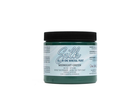 Midnight Green Silk All-In-One paint is perfect for painting kitchen cabinets, bathroom cabinets and painting furniture. 16oz can of Midnight Green Silk All-In-One paint.