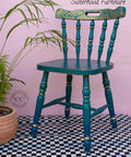 Mirage Silk All-In-One paint is perfect for painting kitchen cabinets, bathroom cabinets and painting furniture. Blue Green Silk All-In-One paint Chair with gold painted stencil on the top with gold around the legs.