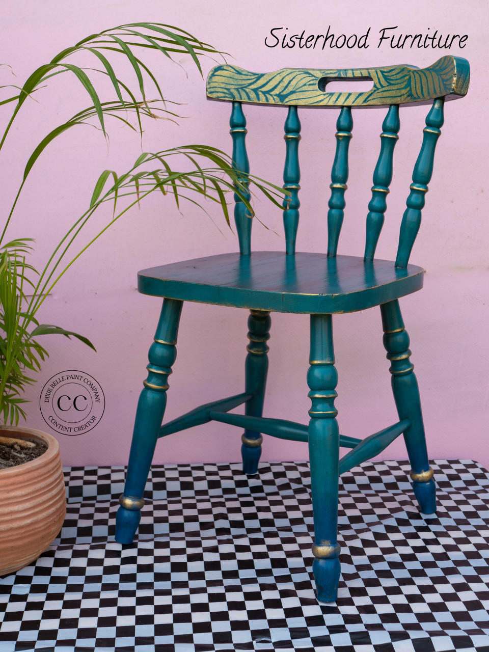 Mirage Silk All-In-One paint is perfect for painting kitchen cabinets, bathroom cabinets and painting furniture. Blue Green Silk All-In-One paint Chair with gold painted stencil on the top with gold around the legs.