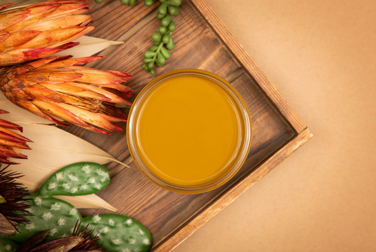 Mojave Silk All-In-One paint is perfect for painting kitchen cabinets, bathroom cabinets and painting furniture. Top View of Mojave  yellow Silk paint Staged with  a cactus and some desert plants.