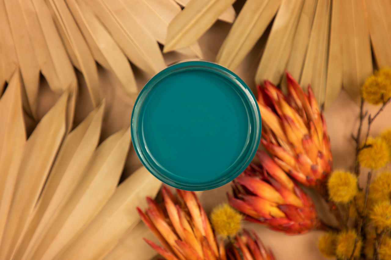 Oasis Silk All-In-One paint is perfect for painting kitchen cabinets, bathroom cabinets and painting furniture. Top view of blue green silk chalk paint