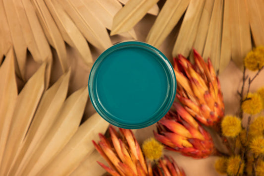 Oasis Silk All-In-One paint is perfect for painting kitchen cabinets, bathroom cabinets and painting furniture. Top view of blue green silk chalk paint