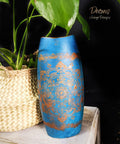 Oasis Silk All-In-One paint is perfect for painting kitchen cabinets, bathroom cabinets and painting furniture. Blue Chalk painted wood floral vase with a painted on Mandala Silkscreen Stencil. Staged with a wicker basket and plant inside.