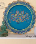 Oasis Silk All-In-One paint is perfect for painting kitchen cabinets, bathroom cabinets and painting furniture. Blue chalk painted wall plate décor with peacock transfer.