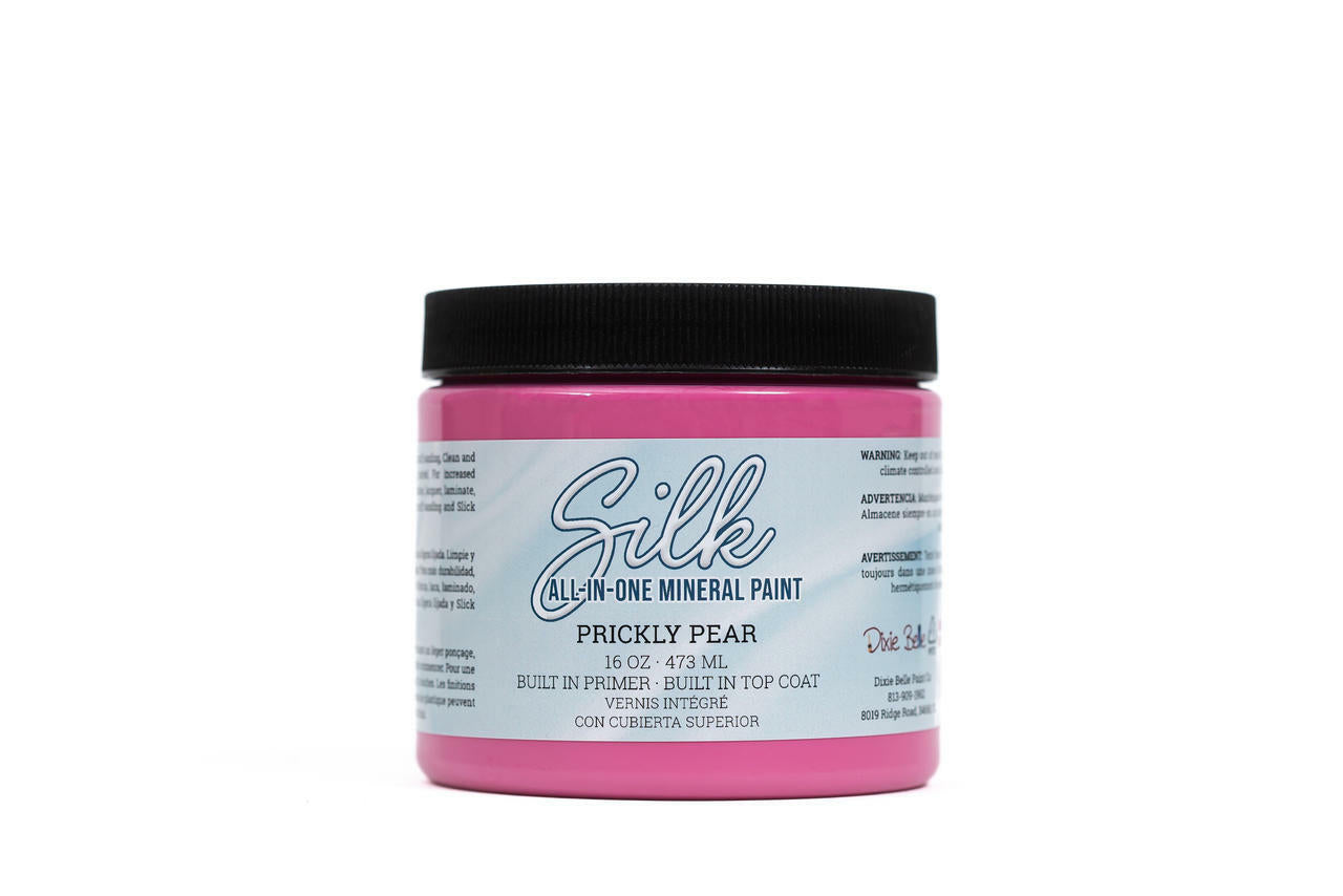 Prickly Pear Silk All-In-One paint is perfect for painting kitchen cabinets, bathroom cabinets and painting furniture. 16oz. front of pink Prickly Pear Silk All-In-One paint.