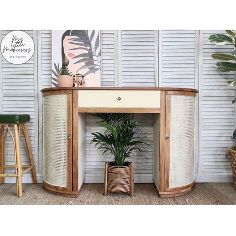 Sand Castle Silk All-In-One paint is perfect for painting kitchen cabinets, bathroom cabinets and painting furniture! An old style desk painted in sand castle with a trim is its natural medium toned wood.