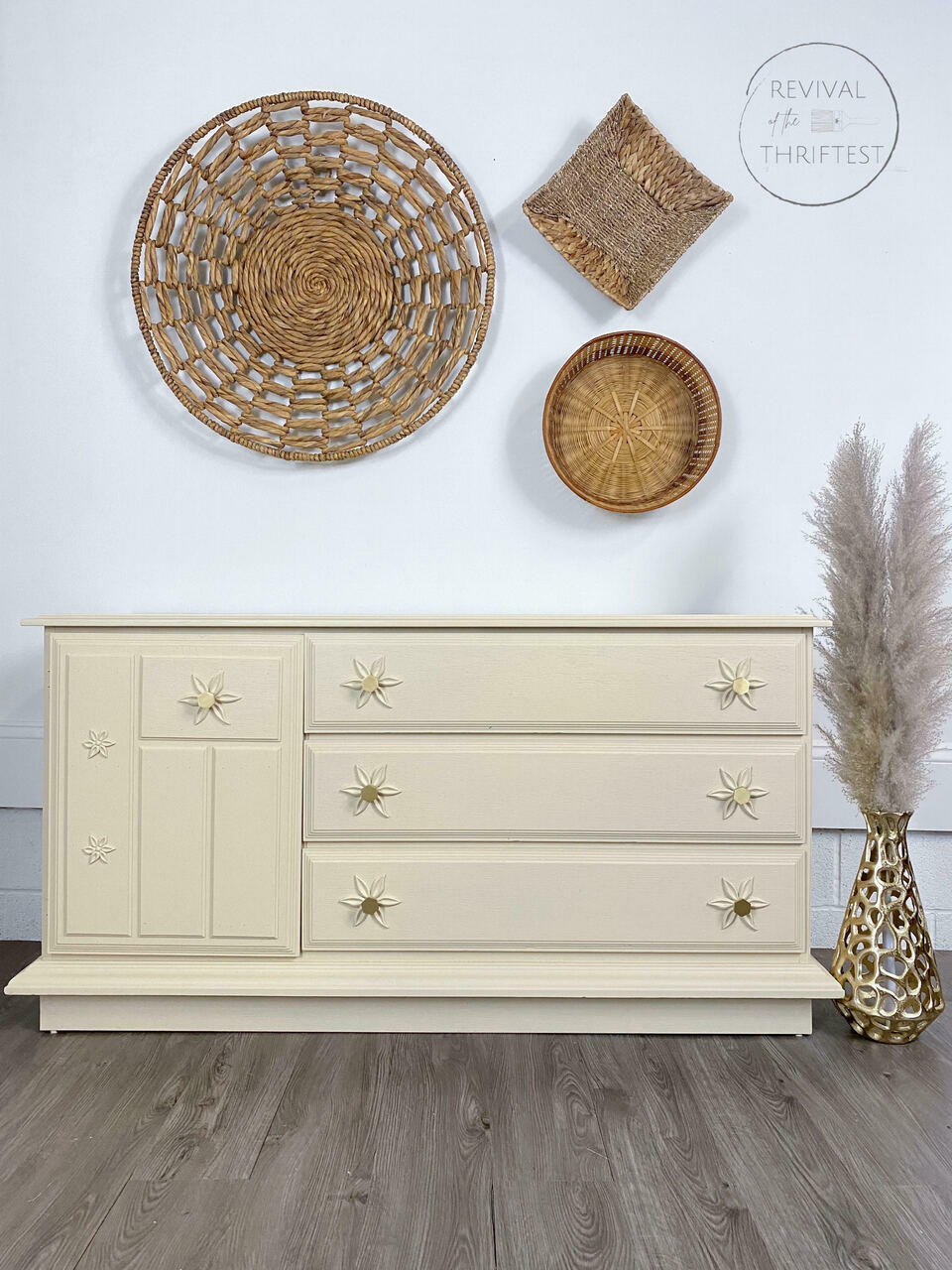 Sand Castle Silk All-In-One paint is perfect for painting kitchen cabinets, bathroom cabinets and painting furniture! A long dresser painted in sand castle with flower shaped hardware.