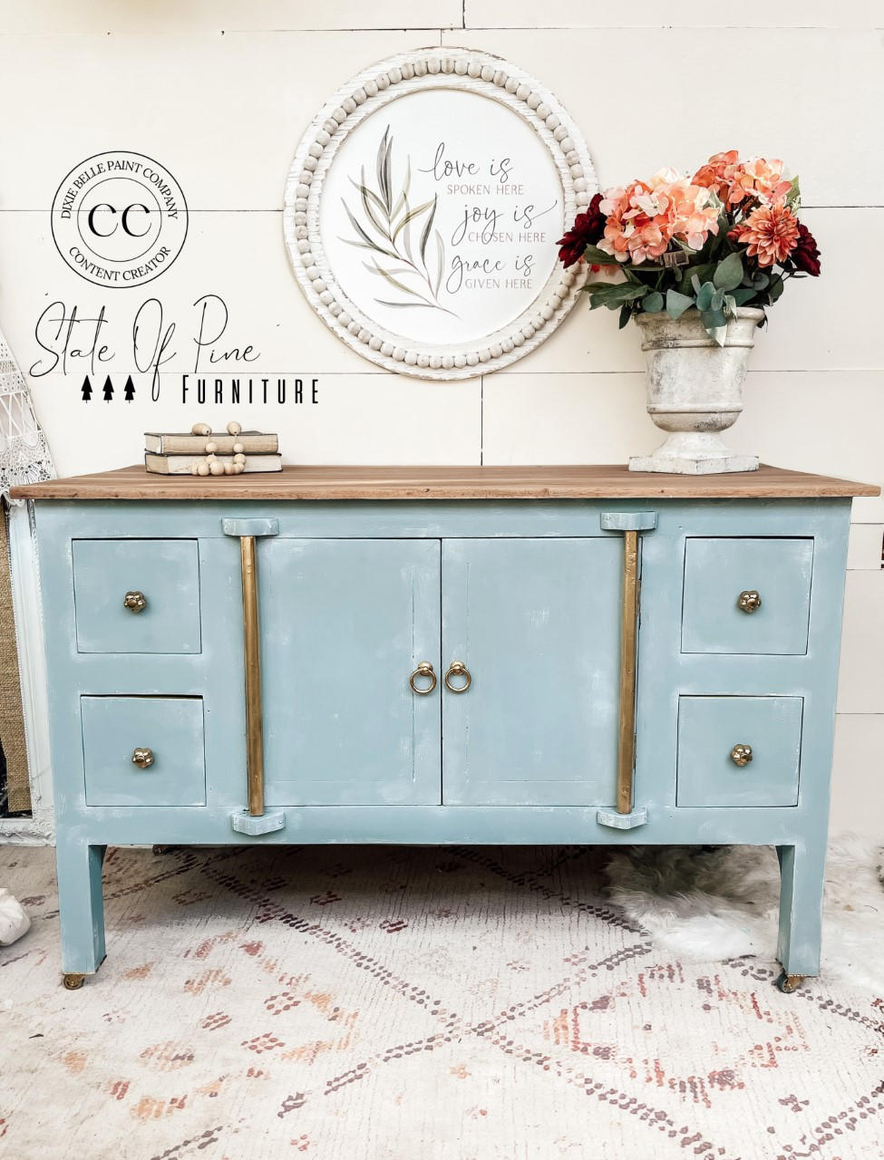 Serenity Silk All-In-One paint is perfect for painting kitchen cabinets, bathroom cabinets and painting furniture! A hutch painted in serenity with gold accents and natural wood top.