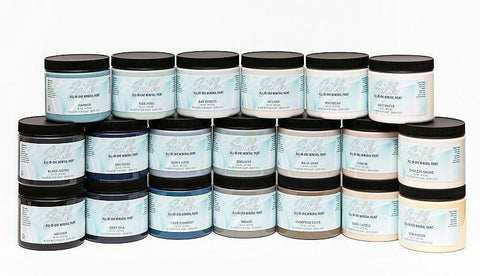 Silk All-In-One Mineral Paint Silk Paint Package. an image showing all the contents within the Silk Mineral Paint package. 30 different colors of paint, cleaner topcoat and scrubby soap.