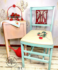 Sun Kissed Silk All-In-One paint is perfect for painting kitchen cabinets, bathroom cabinets and painting furniture.
Chair and tea table set with Sun Kissed Silk All-In-One paint as an accent colors on the chair. Staged with strawberries, the chair has strawberry vine drawn on the cushion