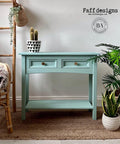 Tide Pool Silk All-In-One paint is perfect for painting kitchen cabinets, bathroom cabinets and painting furniture.  A blue chalk painted hallway table with chrome knobs.