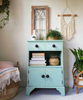 Tide Pool Silk All-In-One paint is perfect for painting kitchen cabinets, bathroom cabinets and painting furniture.  A blue chalk painted nightstand with black knobs and a white stenciled design on the drawers.