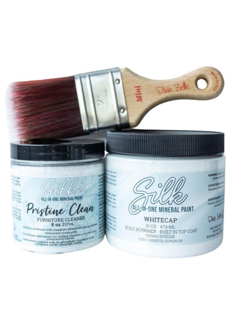 Basic Silk Bundle - To save money, we have bundled all the products you need for a first time All-In-One Mineral paint project. An 16 oz. size All-In-One Mineral paint container with an 8 oz. size Pristine Clean which will prep your project and have it ready to be painted. Also, a Mini Synthetic Dixie Belle brush.