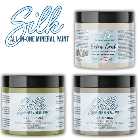 Image of a 16 oz. Extra Coat, a 16 oz. Everglades Silk Paint, and a 16 oz. Badlands Silk Paint. Silk All-In-One Mineral Paint logo is in the top left corner.