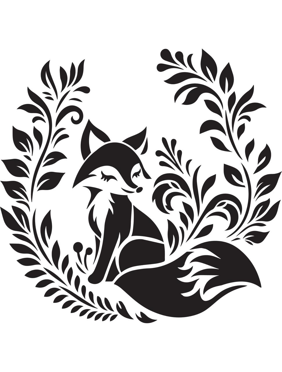 A black and white artistic illustration features a stylized fox sitting contentedly with its tail wrapped around its body. The fox is surrounded by ornate, swirling floral patterns that frame the image in a circular design.