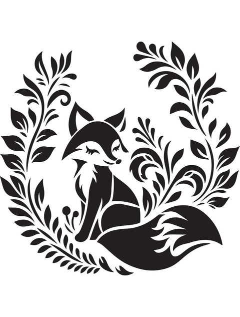 A black and white artistic illustration features a stylized fox sitting contentedly with its tail wrapped around its body. The fox is surrounded by ornate, swirling floral patterns that frame the image in a circular design.