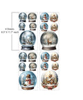 A set of four sheets featuring various snow globe designs. Each sheet, sized 8.3 inches by 11.7 inches, showcases different festive scenes including snowmen, reindeer, Christmas houses, and winter landscapes within the globes.