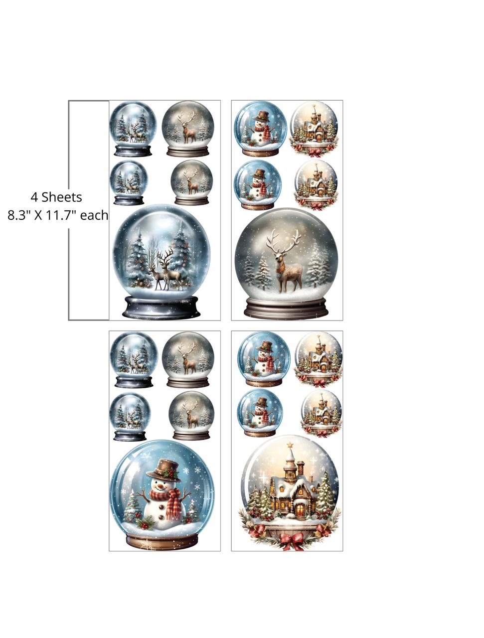 A set of four sheets featuring various snow globe designs. Each sheet, sized 8.3 inches by 11.7 inches, showcases different festive scenes including snowmen, reindeer, Christmas houses, and winter landscapes within the globes.