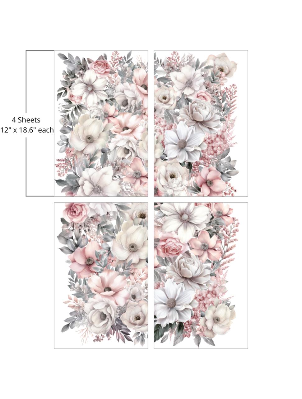 A set of four floral sheets, each measuring 12" x 18.6". The sheets feature an arrangement of white, pink, and light gray flowers with green leaves. The flowers include roses, peonies, and anemones, creating a soft, elegant design.