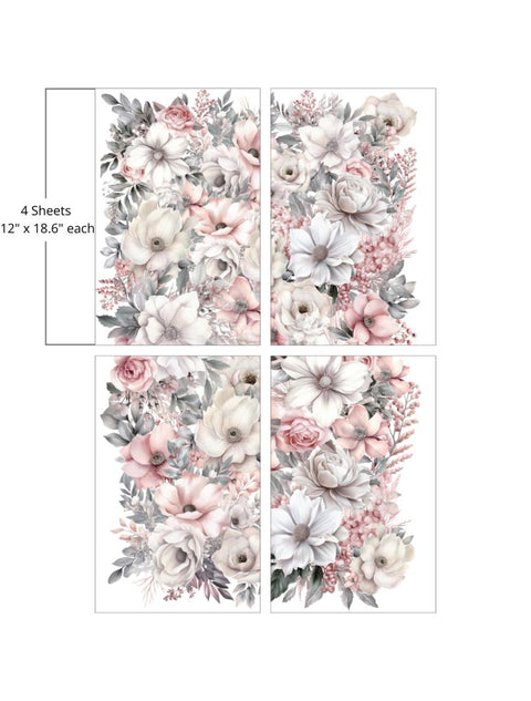 A set of four floral sheets, each measuring 12" x 18.6". The sheets feature an arrangement of white, pink, and light gray flowers with green leaves. The flowers include roses, peonies, and anemones, creating a soft, elegant design.