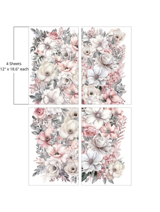 A set of four floral sheets, each measuring 12" x 18.6". The sheets feature an arrangement of white, pink, and light gray flowers with green leaves. The flowers include roses, peonies, and anemones, creating a soft, elegant design.