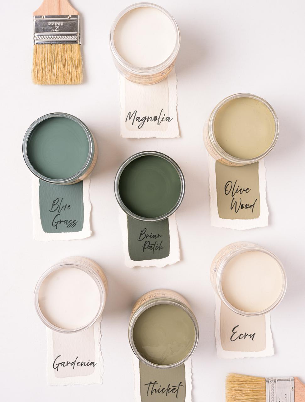 An arrangement of seven open paint cans, each labeled with a name and a paintbrush nearby. Paint colors include white, green, beige, and olive shades, with labels: Magnolia, Blue Grass, Brian Patch, Olive Wood, Gardenia, Thicket, and Ecru.