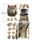 Four sheets of decorative designs featuring owls, pinecones, acorns, and maple leaves. One owl has a realistic appearance, and the other wears a steampunk hat with goggles. Each sheet measures 12 inches by 18.6 inches.
