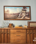A mid-century modern wooden sideboard is adorned with various items: a set of crystal decanters, a small wooden box, a chess set, and a vintage radio. Above the sideboard, a framed painting features an owl wearing a hat and goggles in a scenic landscape.