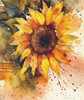 A vibrant Sunny Daze A1 Rice Decoupage Paper painting of a sunflower, with vivid yellow petals and splatters of color that convey a sense of warmth and liveliness.