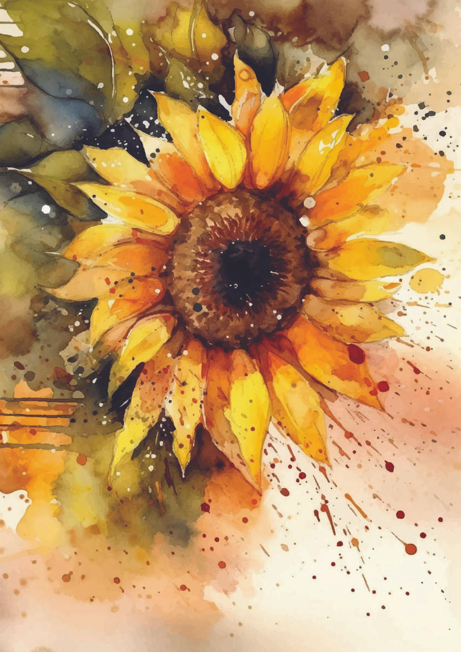 A vibrant Sunny Daze A1 Rice Decoupage Paper painting of a sunflower, with vivid yellow petals and splatters of color that convey a sense of warmth and liveliness.