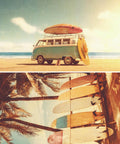 A vintage-style illustration showing a green and white van with surfboards on the roof, parked by a beach at the top, and a row of colorful surfboards under palm trees at the bottom.
