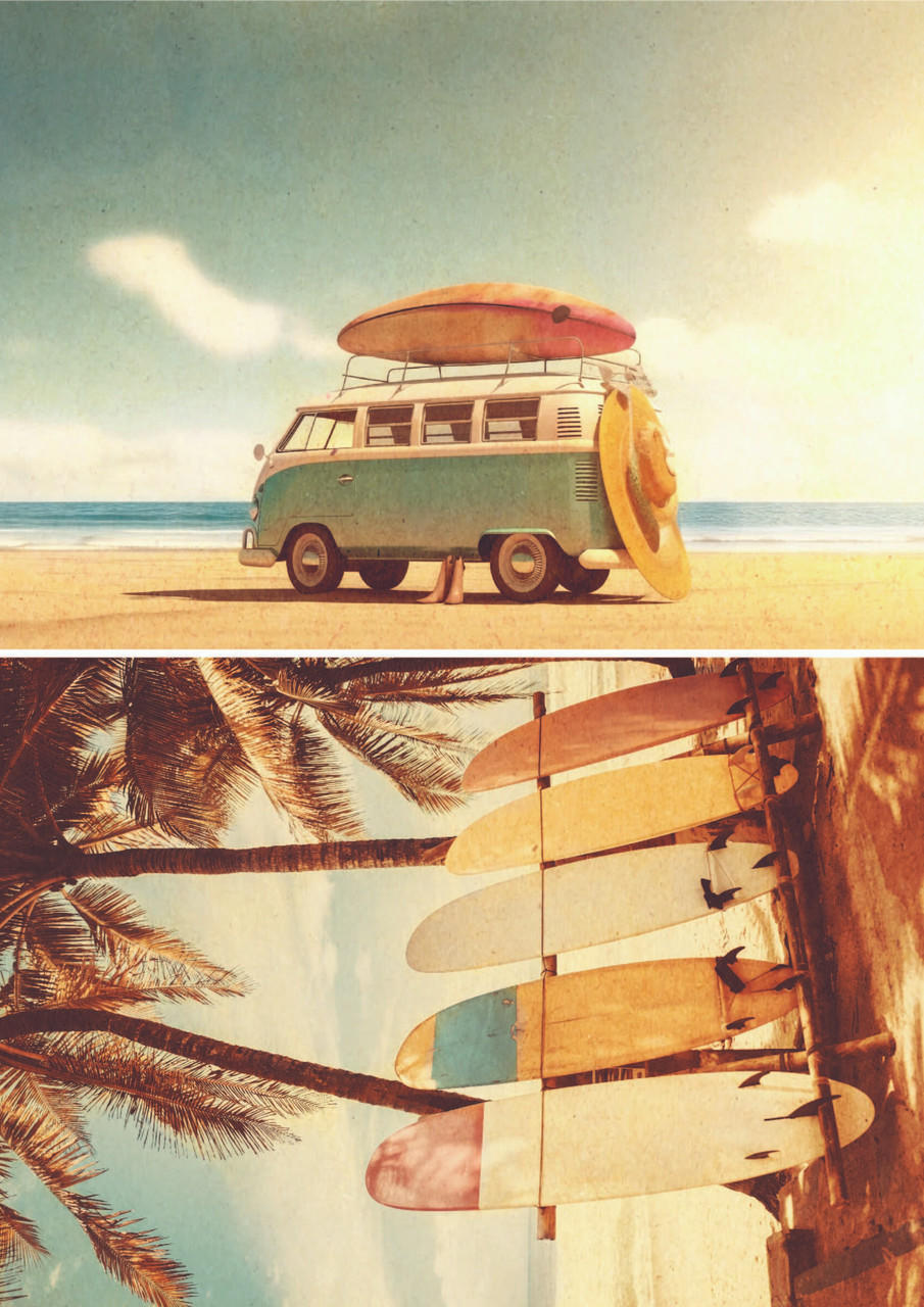 A vintage-style illustration showing a green and white van with surfboards on the roof, parked by a beach at the top, and a row of colorful surfboards under palm trees at the bottom.
