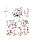 This image shows three sheets, each 8" x 12", featuring various floral designs. The flowers are in soft pastel shades of white, pink, and grey, with each sheet displaying different arrangements of blooms, leaves, and berries.