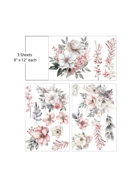 This image shows three sheets, each 8" x 12", featuring various floral designs. The flowers are in soft pastel shades of white, pink, and grey, with each sheet displaying different arrangements of blooms, leaves, and berries.